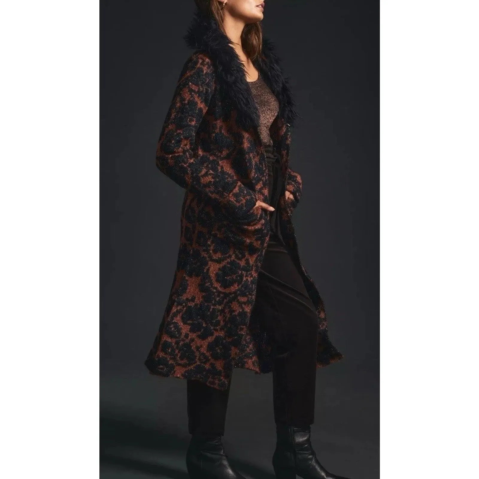 Anthropologie Sweater Coatigan Cardigan Navy Jacquard Small Faux Fur Goth Boho - Image 4