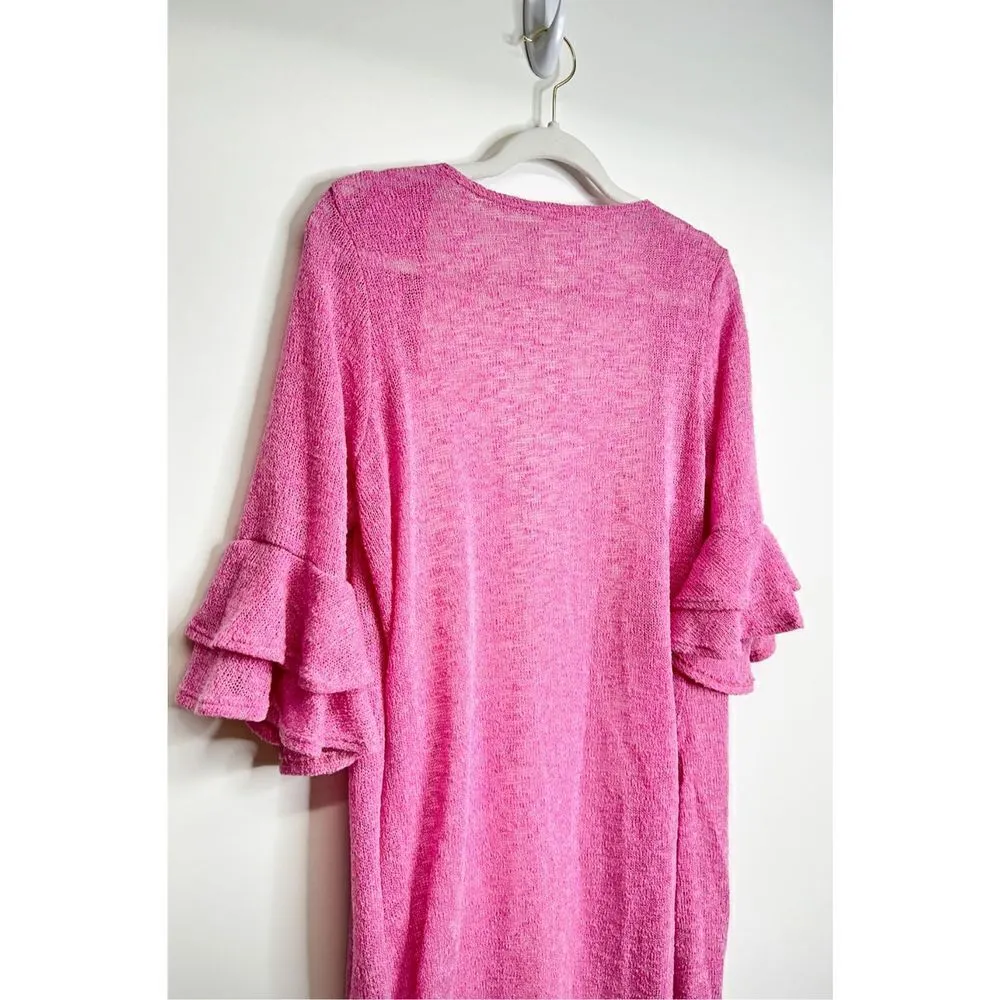 Emerald Sweater Womens Long Knit Cardigan Pink Ruffle Detail Size Large Pink - Image 3