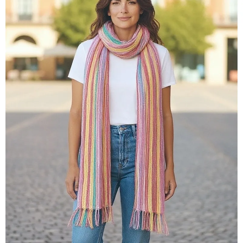 Cejon Scarf Wrap Shawl Multicolor Stripes 100% Rayon Fringe Rectangle India Pink - Image 2