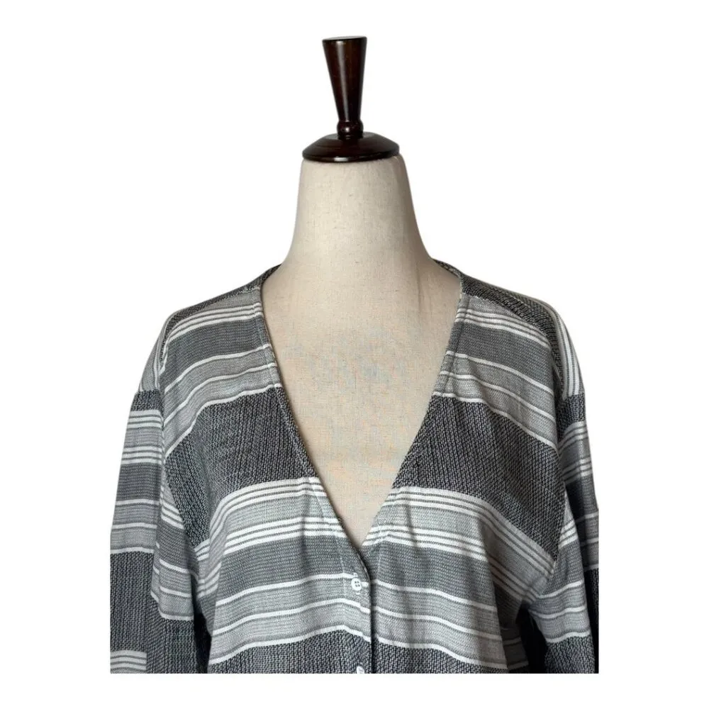 Bella Dahl‎ Shirt Women Large Gray Black Striped V Neck Tie Waist Top Preppy - Image 3
