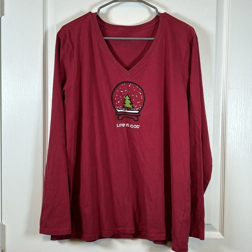 Life is Good Snow Globe Holiday Christmas V-Neck L/S Shirt Size XL EUC #0019 - Image 3