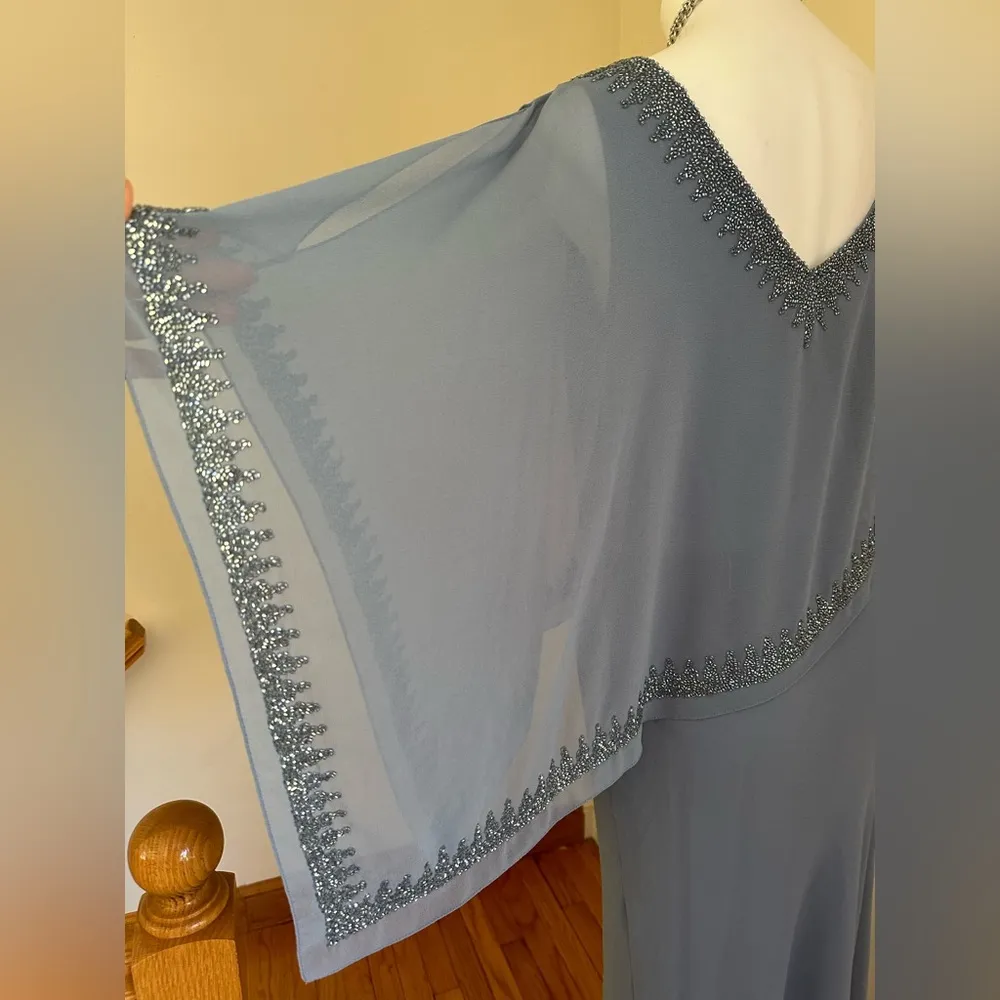 J  NWTS Overlay Asymmetrical Maxi Evening Dress Dusty Blue Sheer Bea… - Image 13