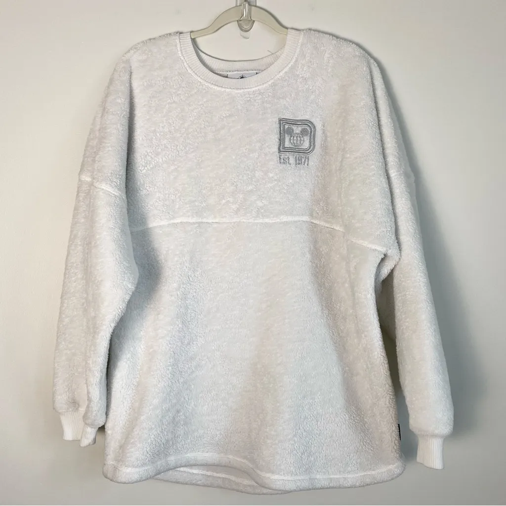Disney Parks Spirit Jersey Sherpa Sweatshirt L White Ivory Cozy Disney Pullover - Image 9