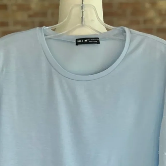 Shein Top Puff Sleeve Swiss Dot Blue Tee S Knit Short Sleeve Pastel - Image 3