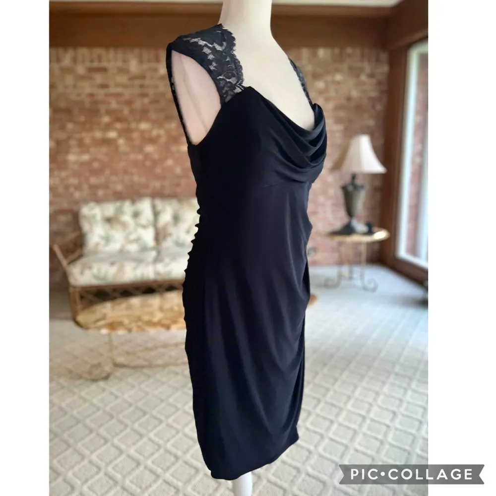 Xscape by Joanna Chen Navy Dress Ruched Lace Cap Sleeve Blue 14 Cocktail Party - Image 15