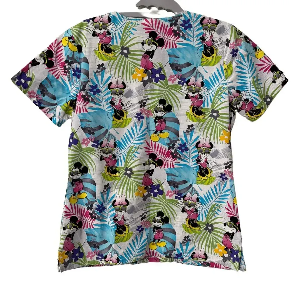 DISNEY Tropical Hawaiian Minnie Mickey Mouse Scrubs Top Tee Cotton EUC Small - Image 3