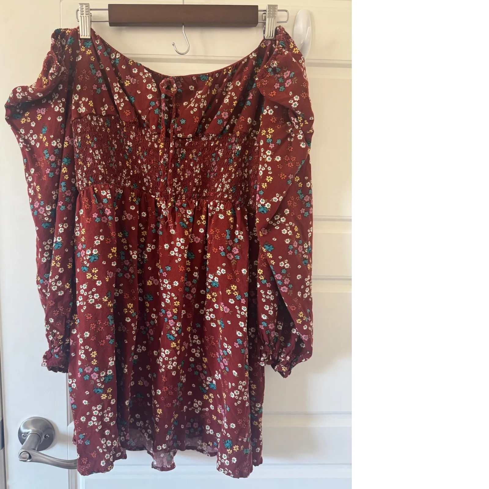 3rd + Malt sz XL Womens Red Floral Long Sleeve Tie Ruched Mini Dress Boho Dainty - Image 2