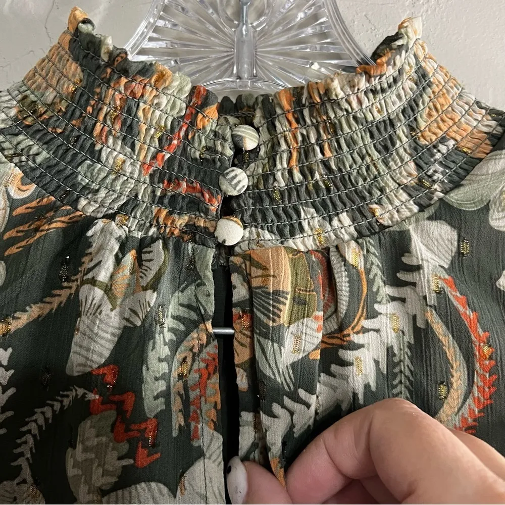 Joie Green Paisley Floral Flutter Sleeve Smock Neck Blouse‎ - Image 5