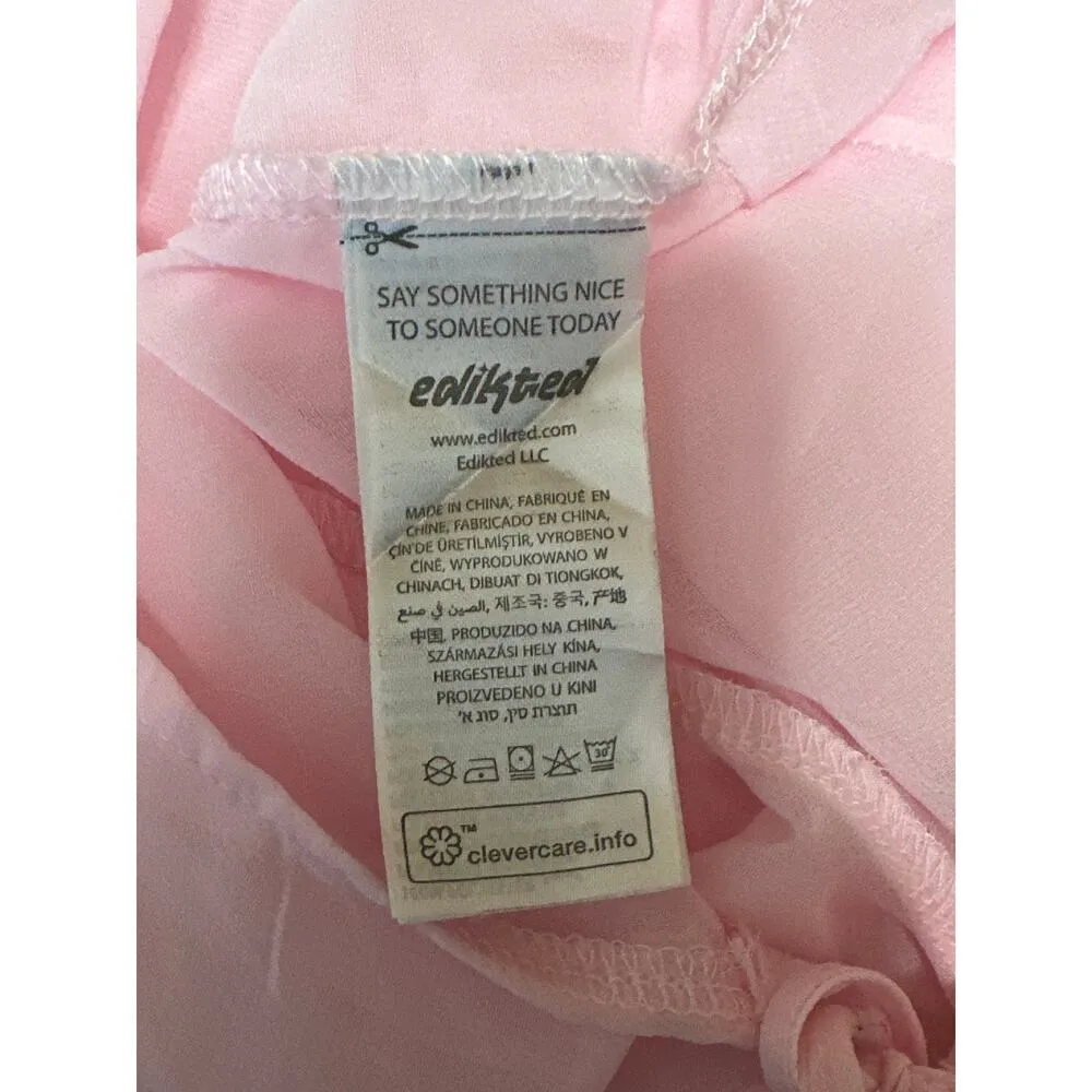 Edikted Women's Pink Long Sleeve Ruffle Plunge Tie Peplum Blouse Crop Top Size S - Image 5