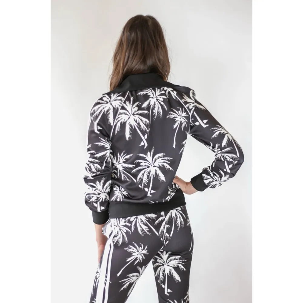 Pam & Gela Palm Tree Stand Collar Track Jacket Women's L Black & White - Image 5