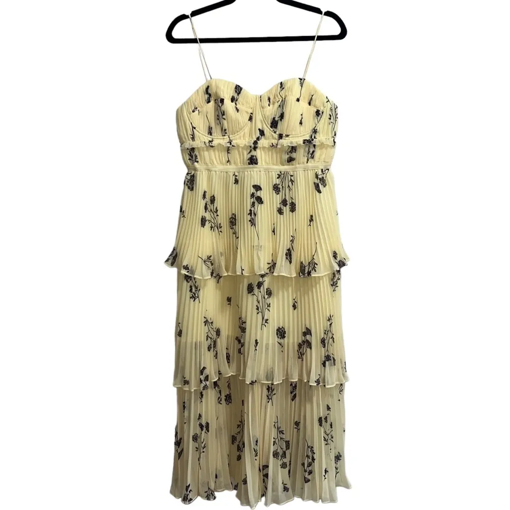 Yellow Floral Silhouette Chiffon Tiered Midi Dress Pastel Yellow - Image 5