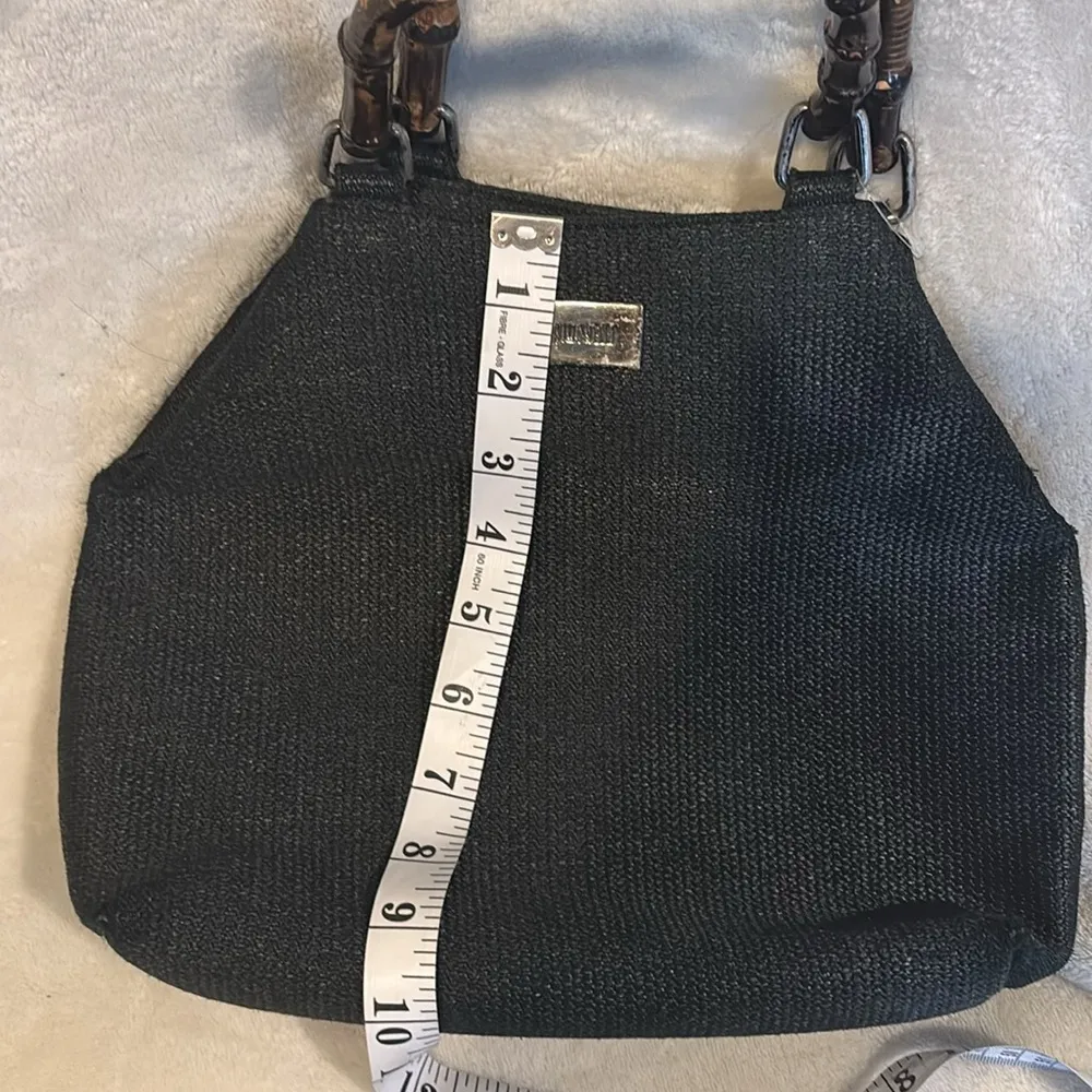 SIMONELLI BRAND BLACK HAND BAG WITH BAMBOO LIKE(ACRYLIC) HANDLES SNAP CLOSURE - Image 11