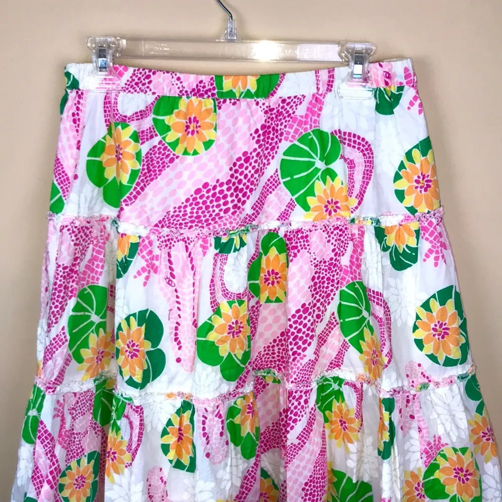 VTG Lilly Pulitzer Women’s Floral Leaf Crocodile Print Tiered Tea Length Skirt - Image 2