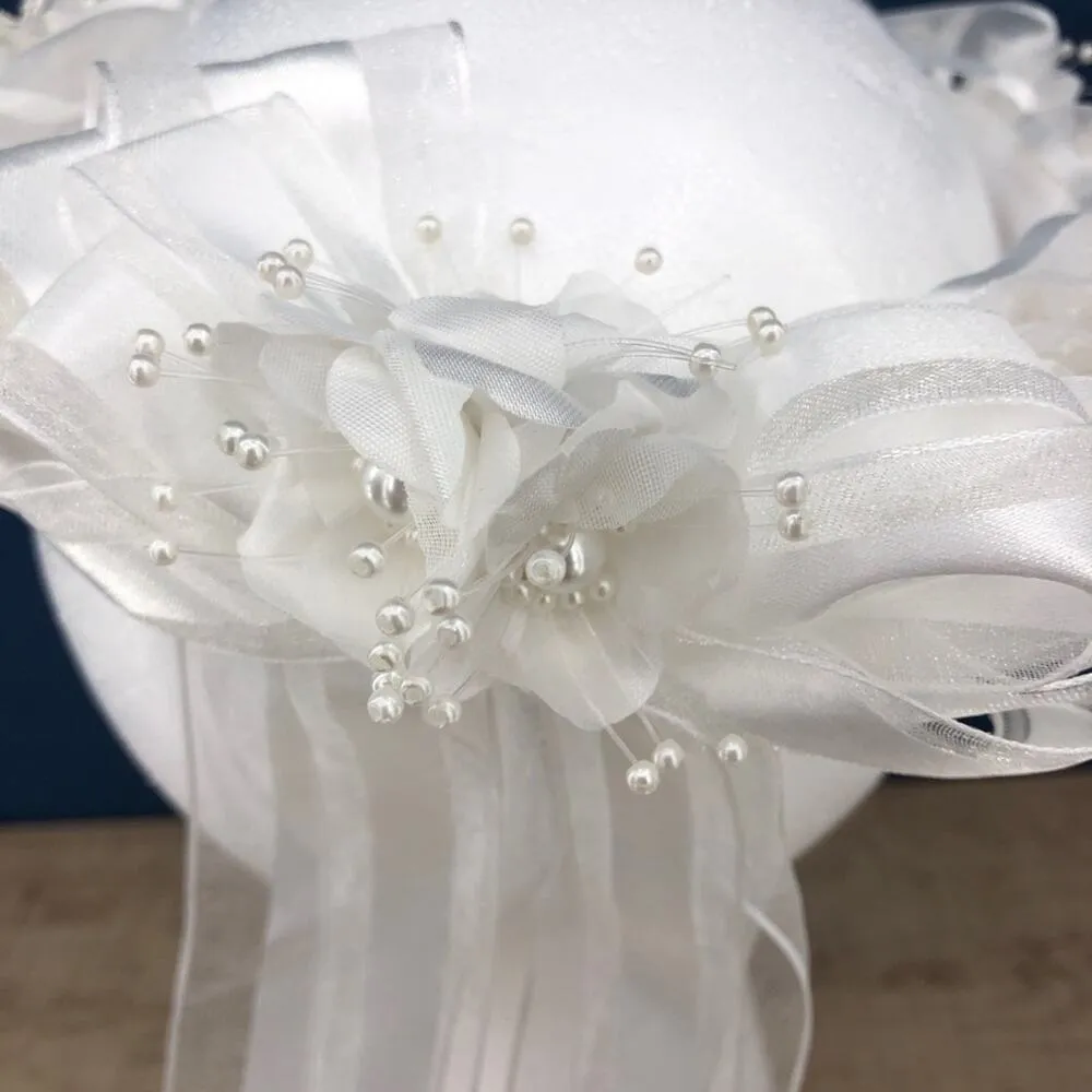 Handmade American VINTAGE 90's White Floral Faux Pearl Wire Wrap Ribbon Halo P - Image 4