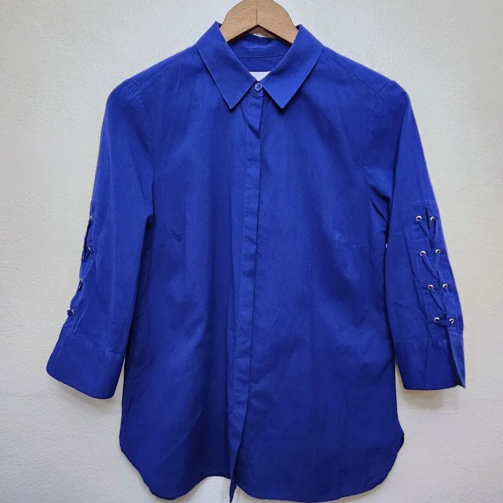 Chico's Women's Sz 0 Button Up Shirt Royal Blue 3/4 Lace Up Sleeves 100% Cotton - Image 2