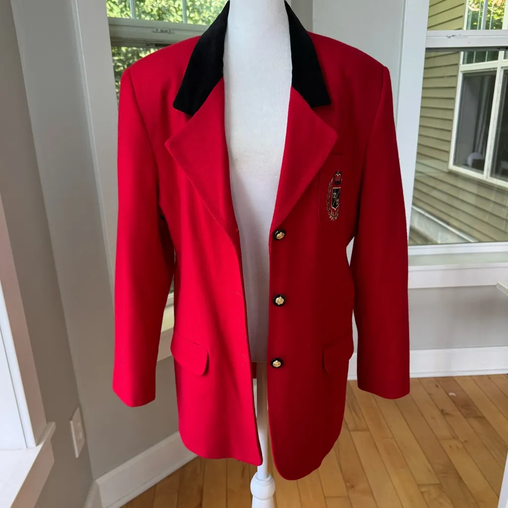 Vintage Norton McNaughton Red Wool Blazer Jacket Blavk Velvet Collar Sz 14 - Image 7