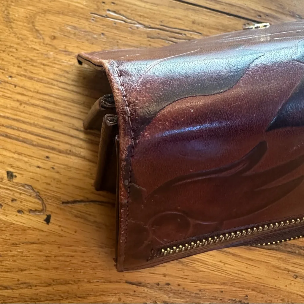 Valentina Embossed Leather Zip Around Wallet with a Leaf Motif Pattern in Brown - Image 14