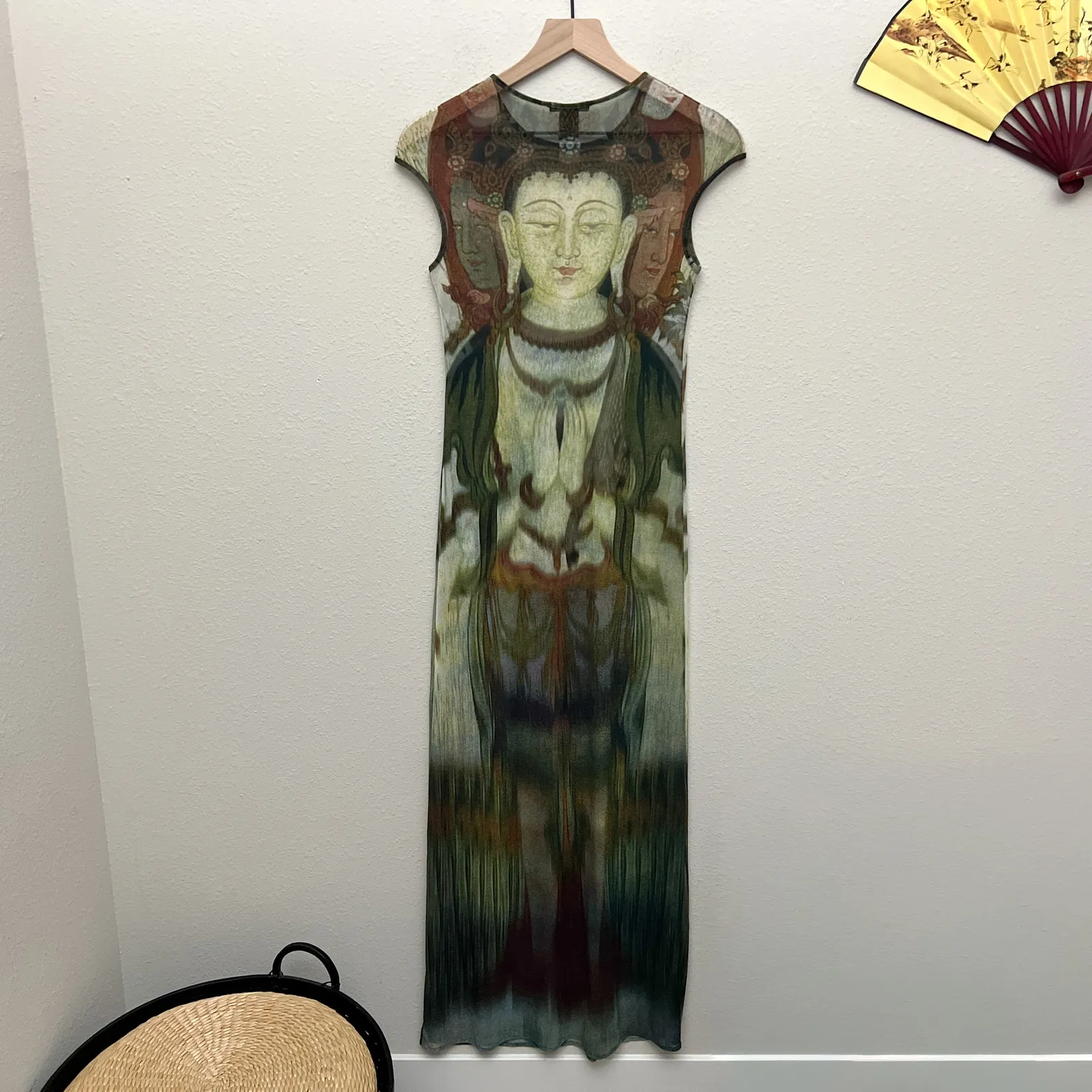 vintage 90s rare vivienne tam kuan yin buddha print mesh maxi dress - Image 9