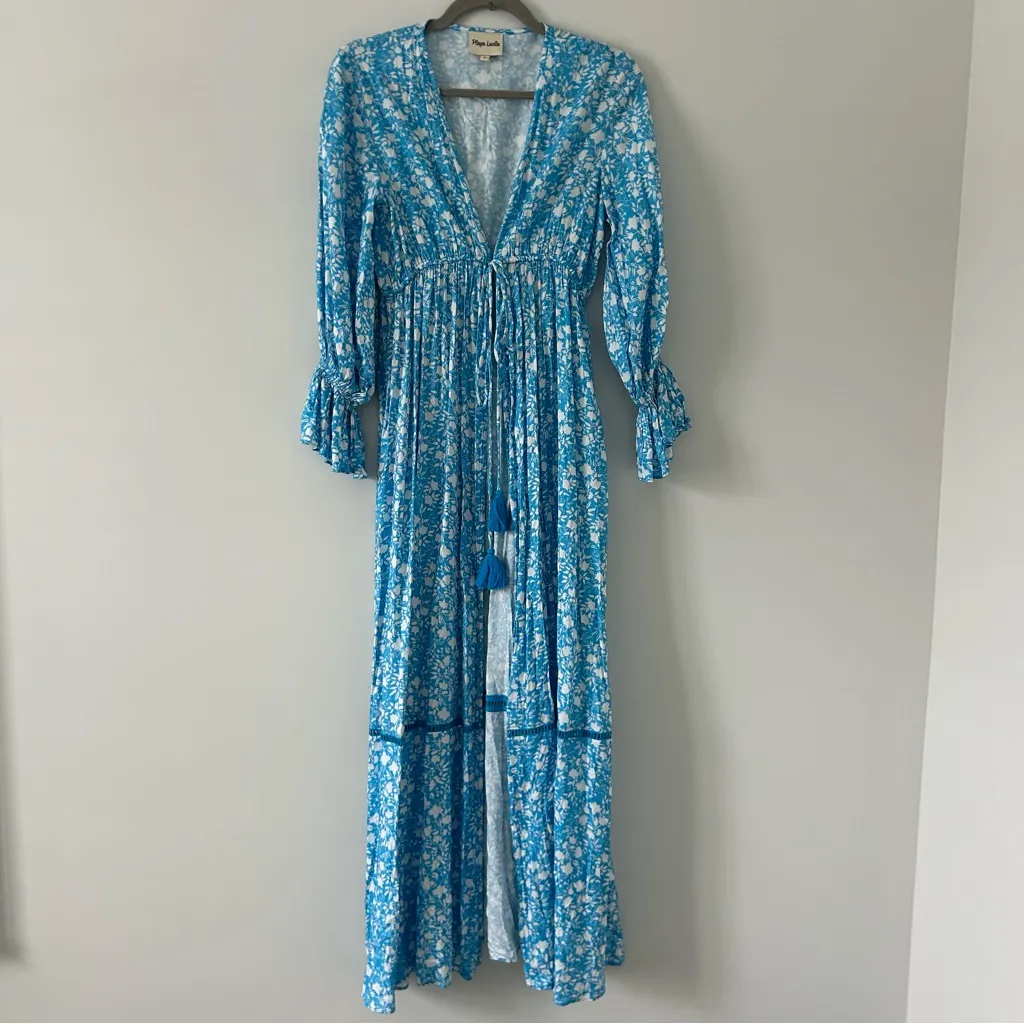 Playa Lucila Blue White Floral Long Sleeve Empire Tie Waist Open Duster Cover S - Image 2