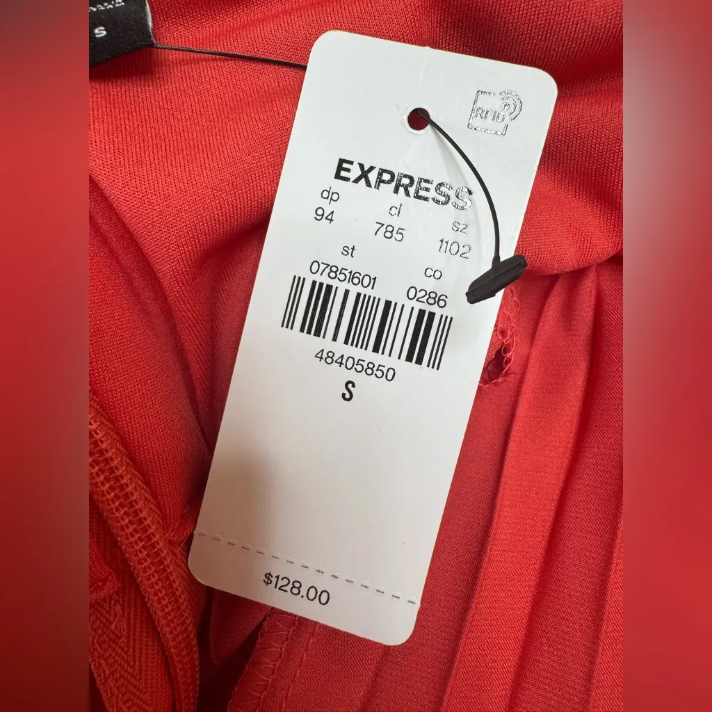 Express Satin Pleated Tie Halter Sweetheart Asymmetrical Midi Dress Coral Small - Image 6