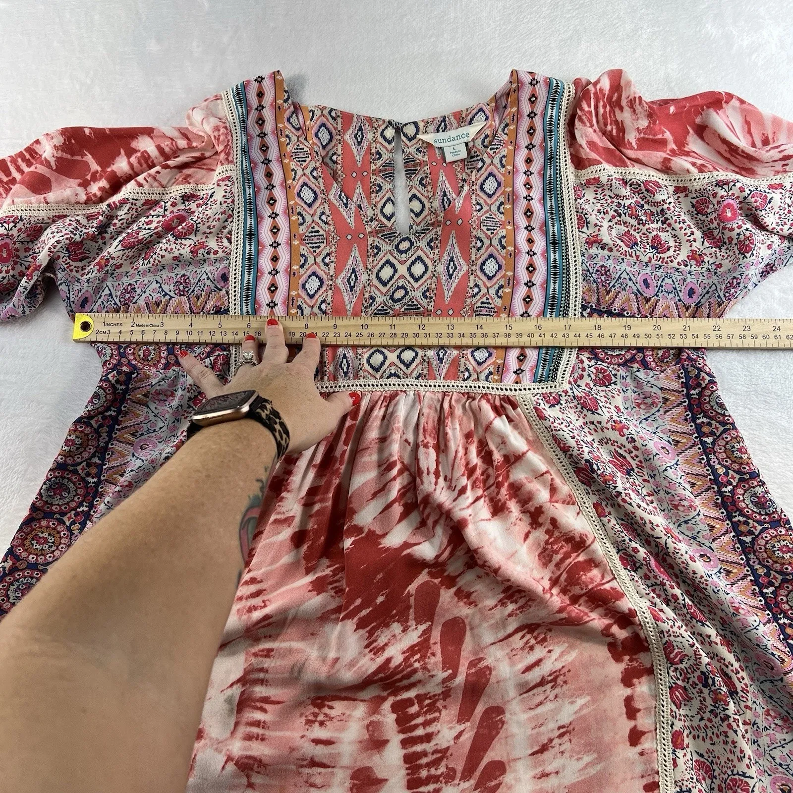 Sundance L Large Avignon Terraza Floral Dress Patchwork Bohemian Keyhole Boho Pink - Image 7