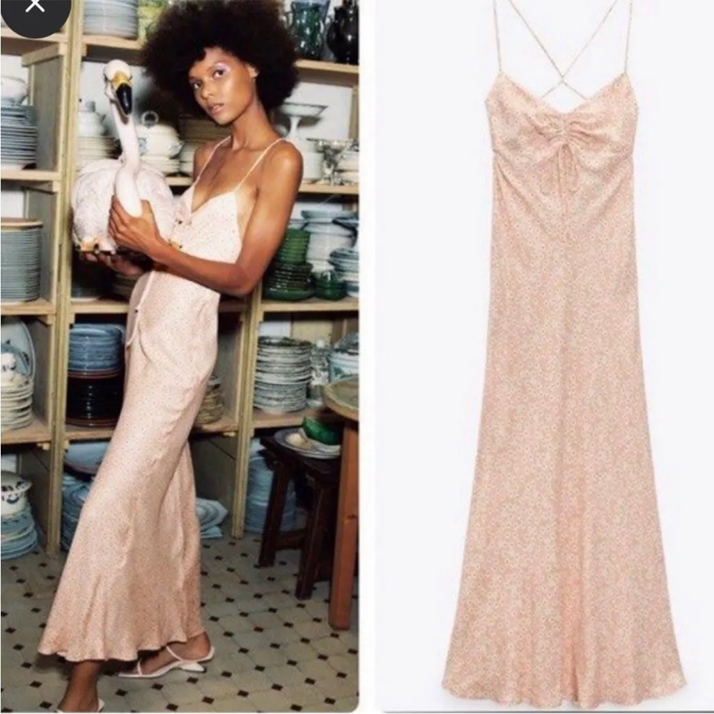 NWT zara rose pink satin strappy‎ maxi slip dress open back - Image 2