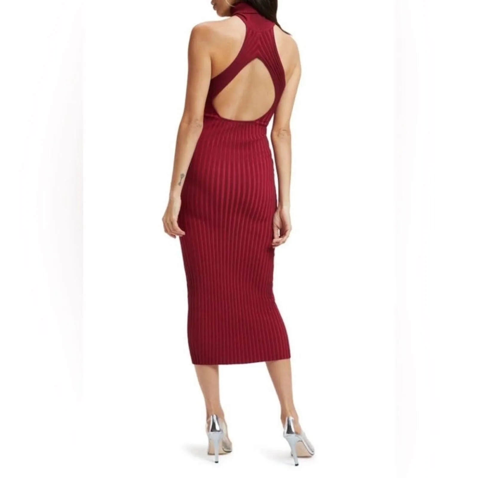 NWT Good‎ American Dress Size 3/4 L/XL Angled Rib Mock Halter Midi Team Cardinal - Image 2