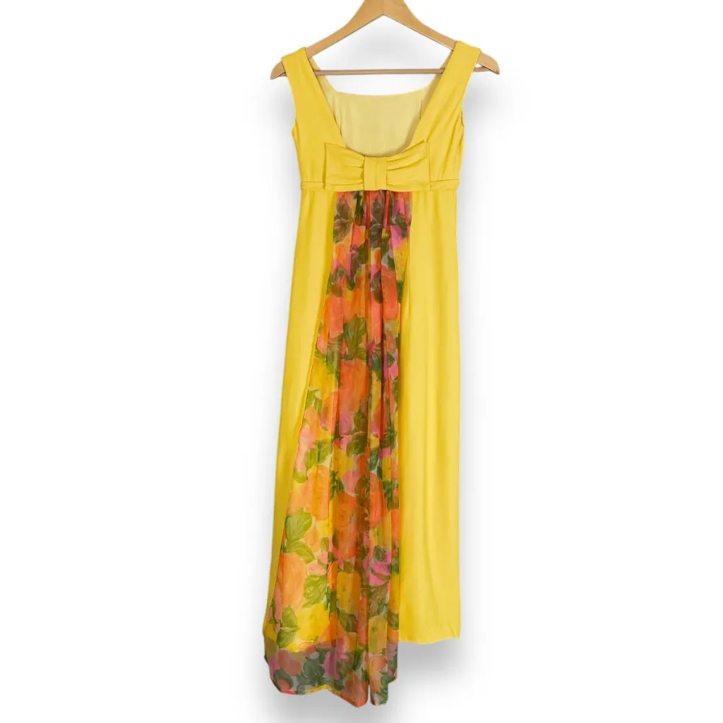 Vintage 1960s‎ Dress Handmade Floral Train Yellow Crepe Empire Waist Bow Back Size undefined - Image 11