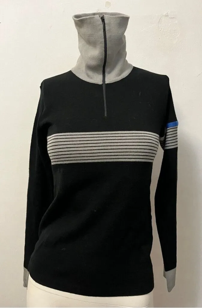 Vtg 80s Womens Mod Sweater S Stripe Preppy zipper nerd academic professor black - Image 1