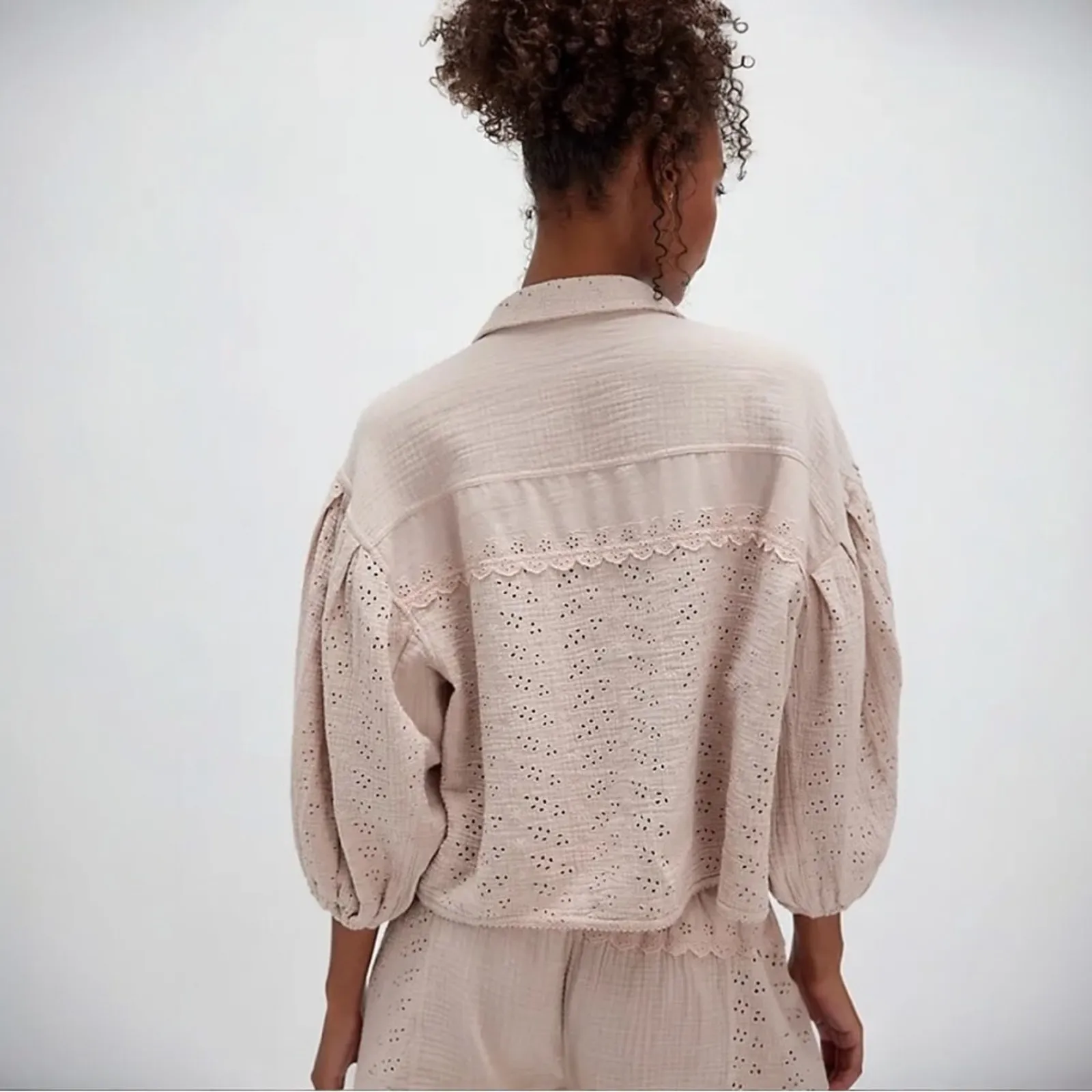 Free People Dainty Ethereal Cottage Eyelet Lace Full Bloom Shirt Rose Dust Small - Image 12