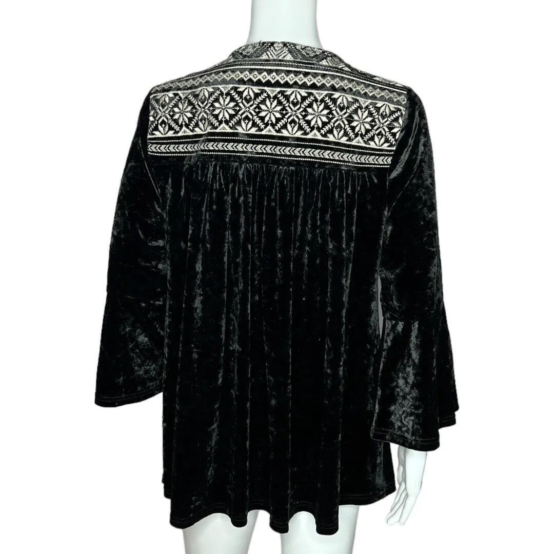 Boho Velvet Embroidered Blouse Womens S Black Festival Peasant Top‎ Whismygoth - Image 3