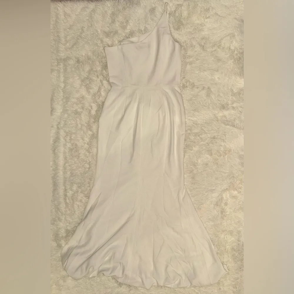 NWOT DRESS THE POPULATION AMY crepe one shoulder maxi slit white gown sz S - Image 4