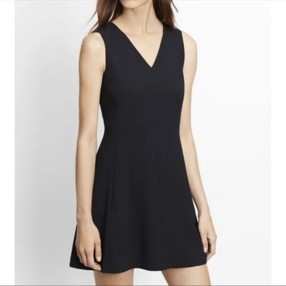 Vince • Solid Black V Neck Fit Flare Pockets Mini Dress - Image 2