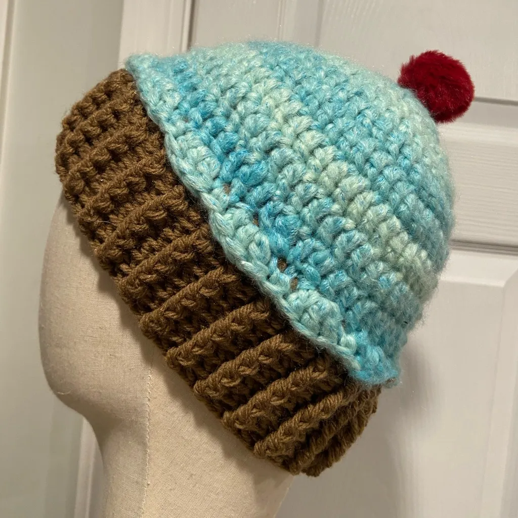 Handmade Crochet Blueberry Chocolate Cupcake Beanie Winter Hat Cozy Comfy Warm - Image 2