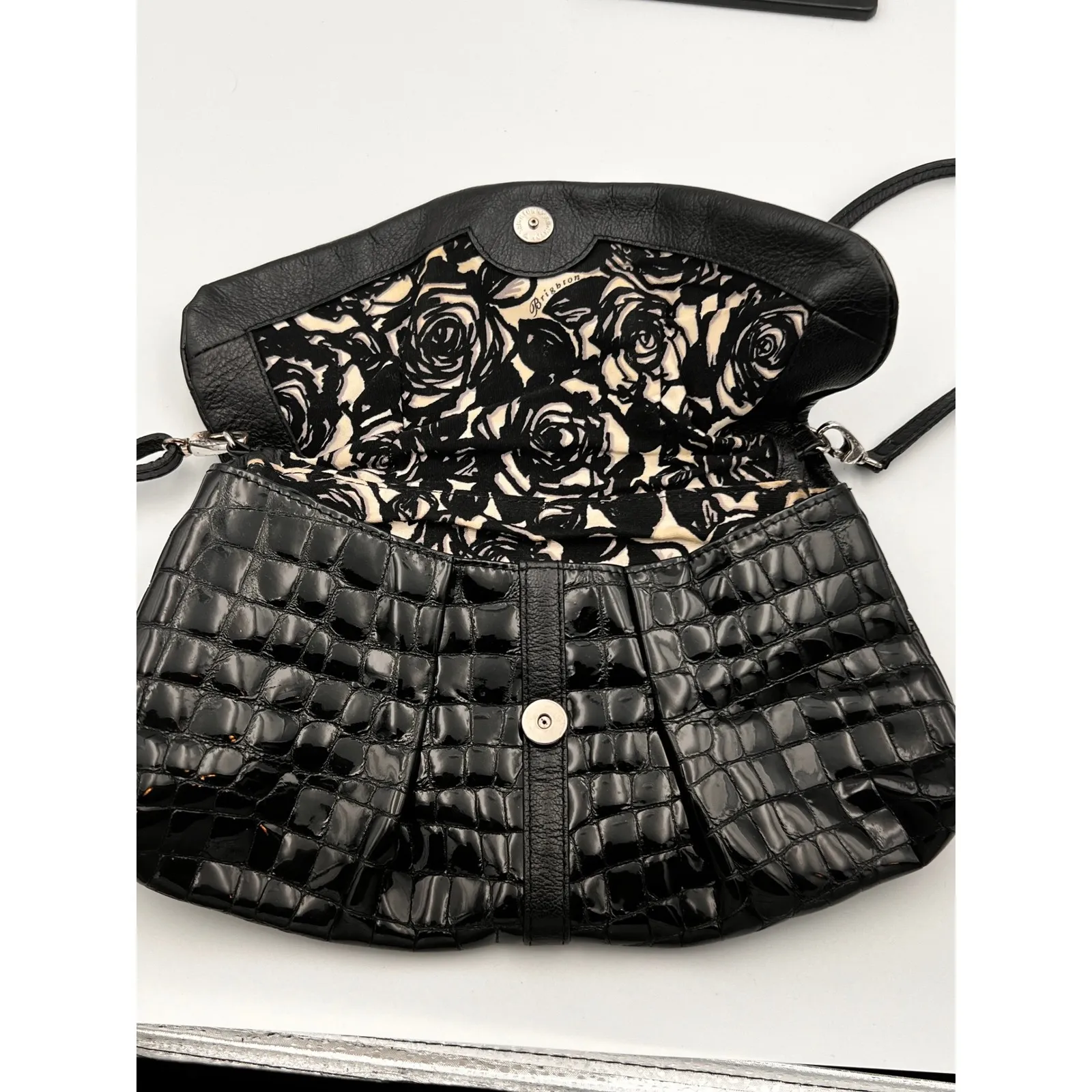 Brighton Black‎ Croc Embossed Patent Leather Small Crossbody Bag Designer Purse - Image 8