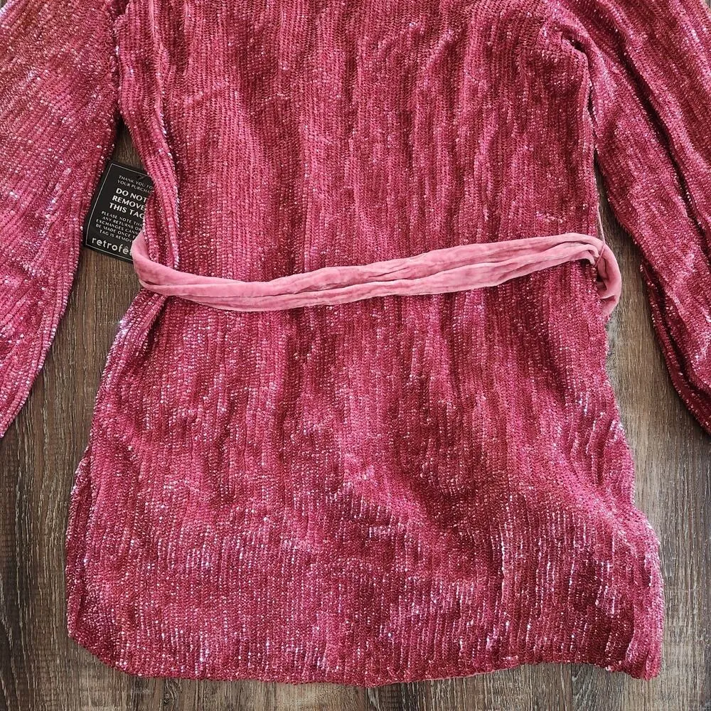 Retrofete Gabrielle Robe Dress Pastel Pink Sequins Size Large NWT Long Sleeve - Image 9