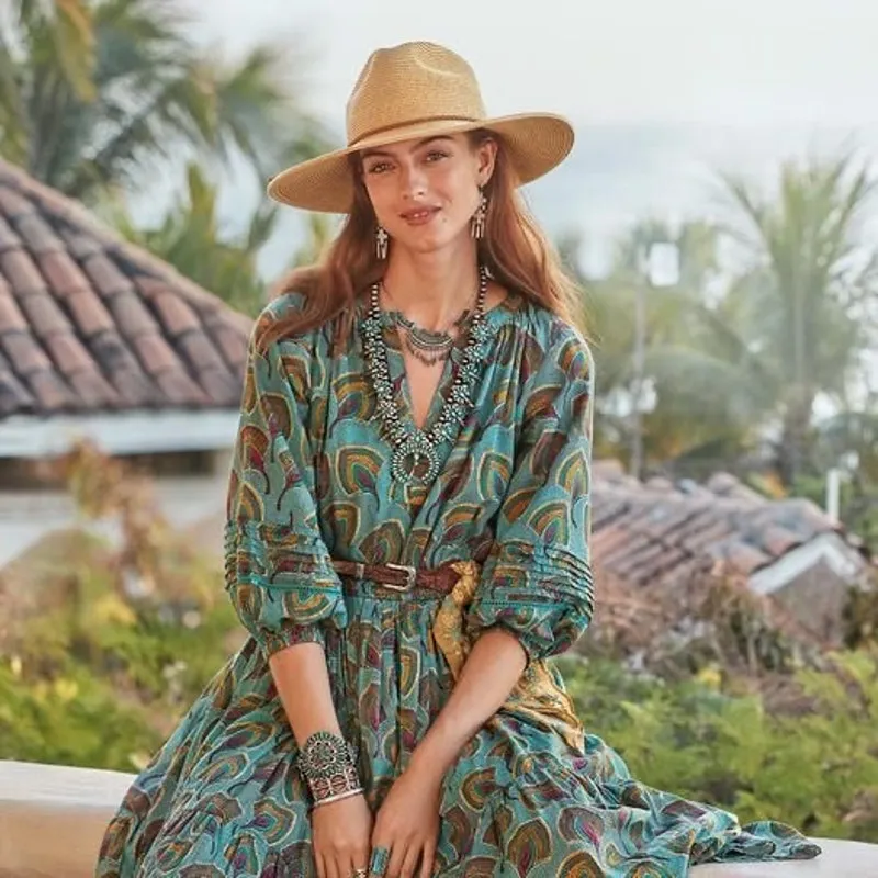 Sundance Catalog Alden Midi Dress Abstract Peacock Belted Medium Cotton Lined Blue - Image 2