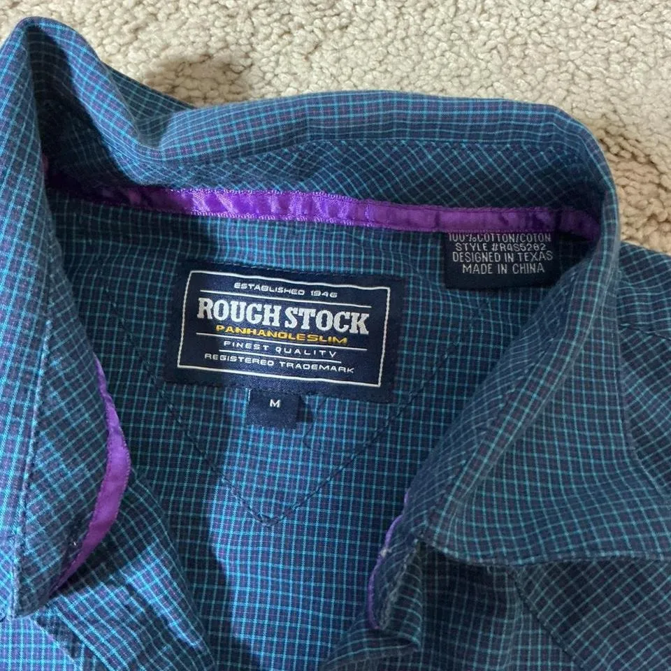 Rough Stock Western Shirt Blue Gingham Purple Embroidered Hearts Snap Front M Size M - Image 5