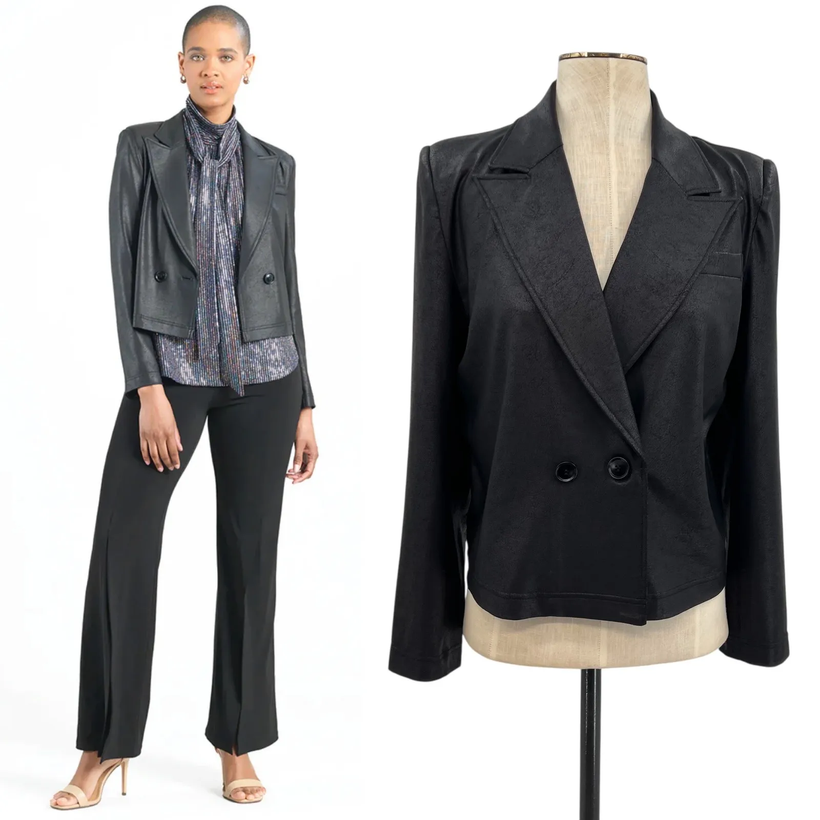 Clara Sun Woo Liquid Leather Cropped Tuxedo Blazer Jacket Black Size Medium - Image 2