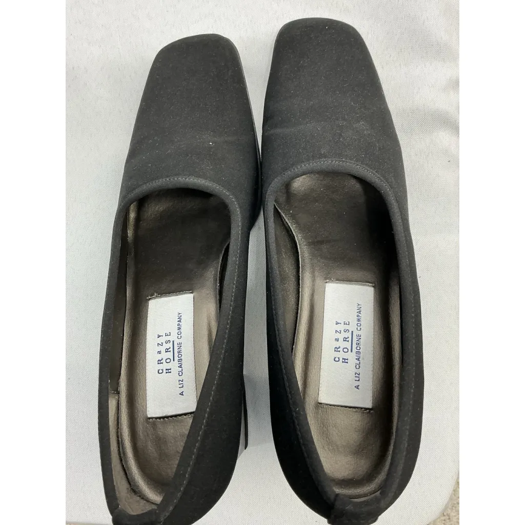 Womans Crazy Horse Slip On Pumps 8 M Black Block Heel Square Toe - Image 6