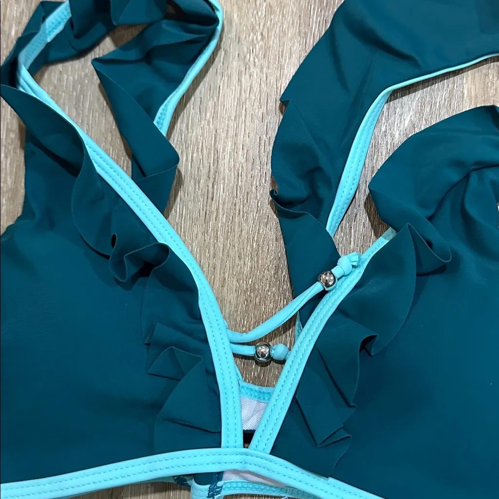 Teal and Light Blue Bikini Set with ruffles Size M - Image 2