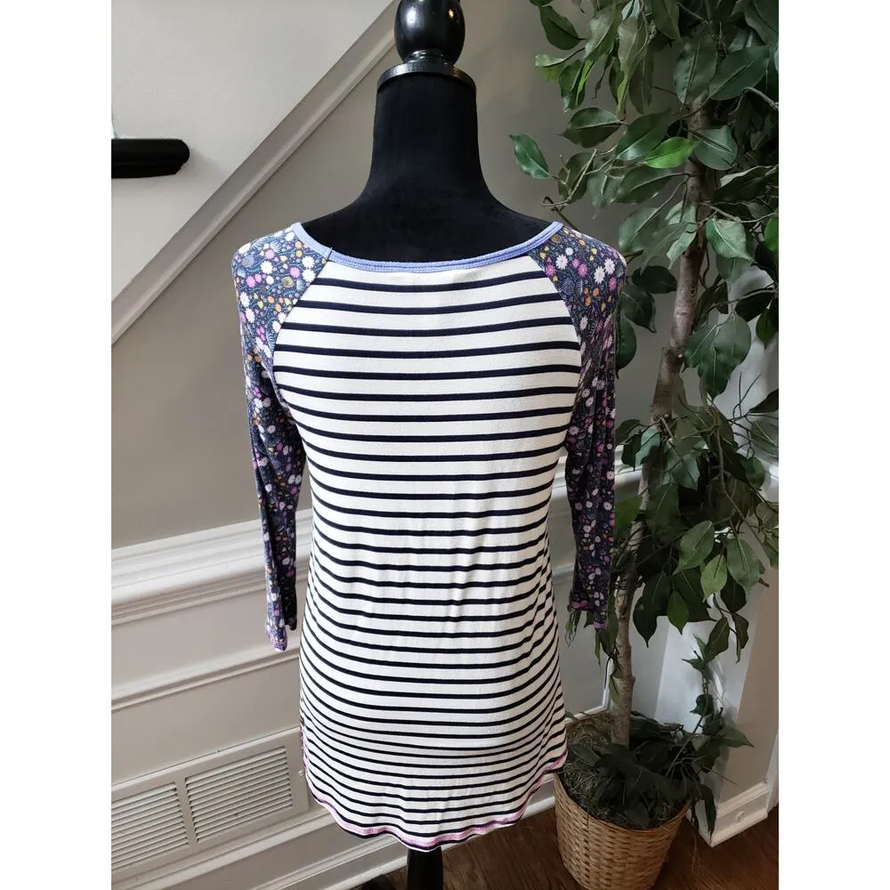 Matilda Jane Top Women M White Navy Striped Floral Sleeve Long Tunic Shirt - Image 9