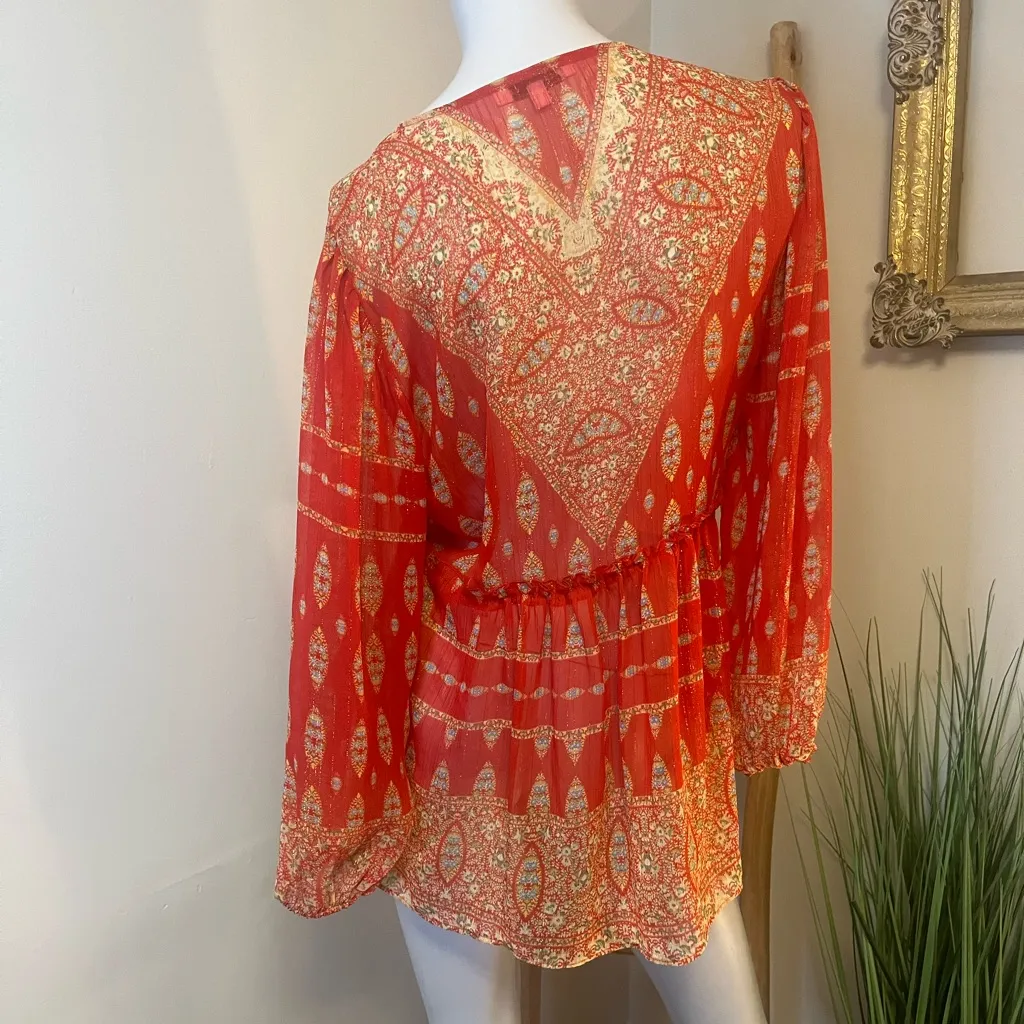Rose + Olive Women's Sheer Long Sleeve Blouse Red Metallic Size Medium - Image 5