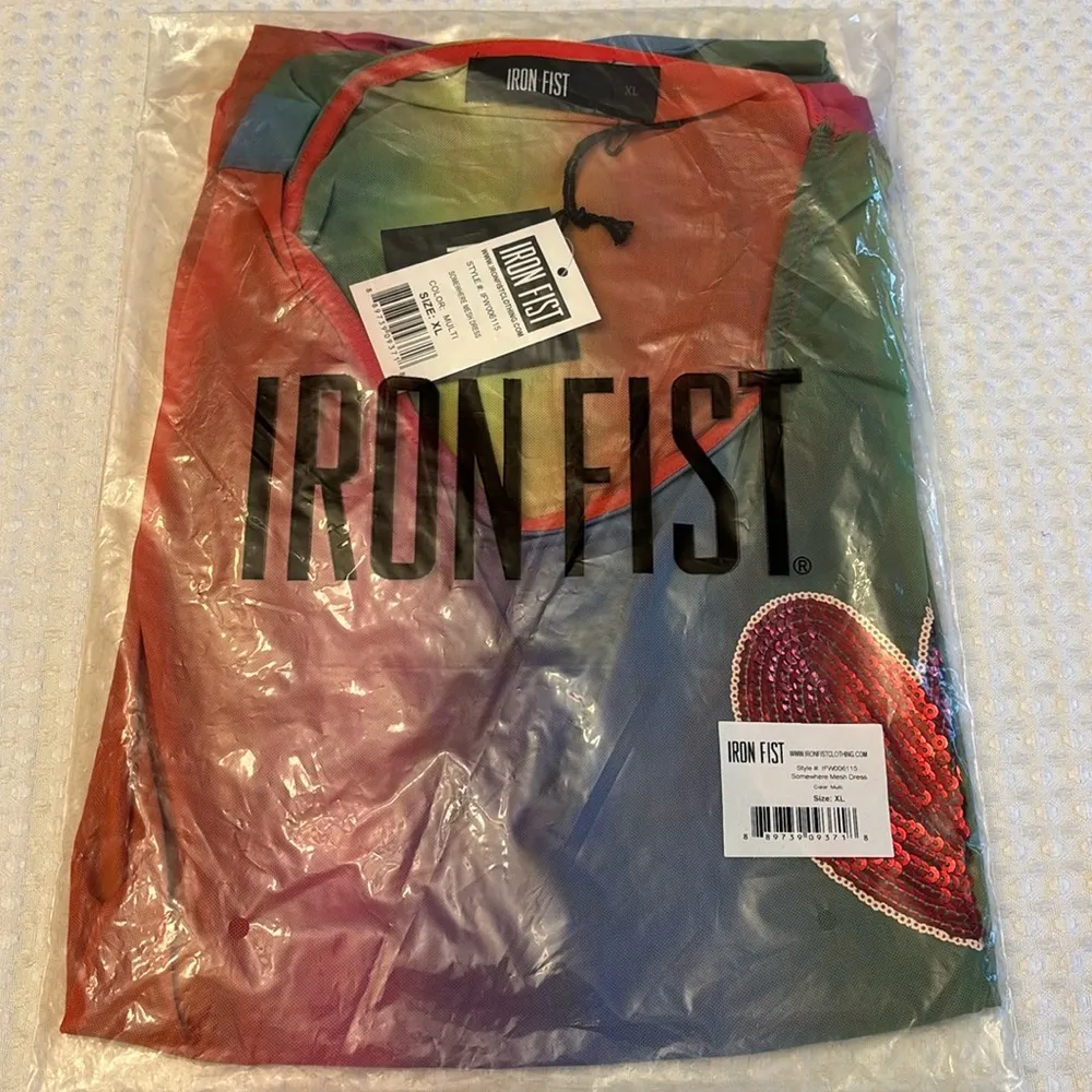 NEW! Iron Fist Somewhere Rainbow Sheer Mesh Mini Dress Sequin Heart XL Pride - Image 3