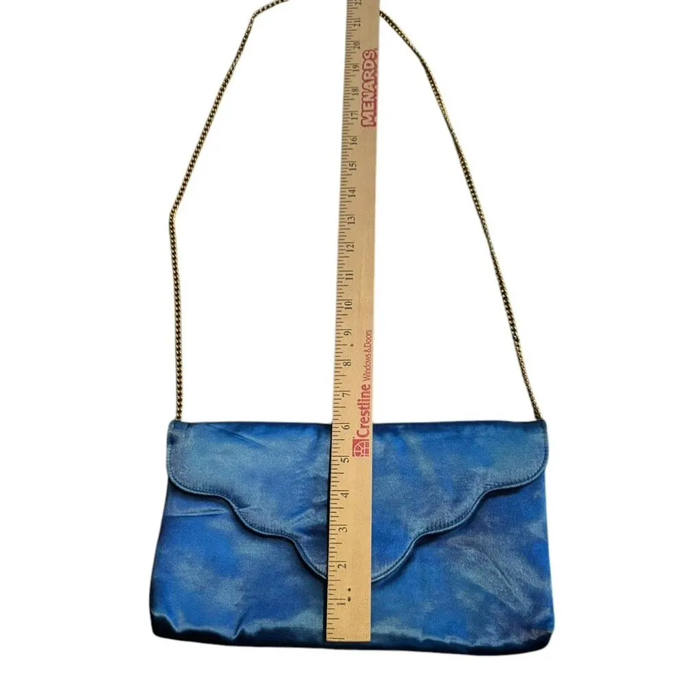 VTG Blue Satin Clutch Shoulder Purse With Gold Colored Strap Night Out Retro - Image 5