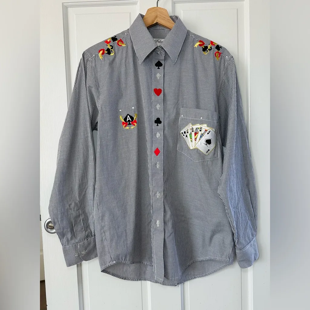 Vintage Fabrizio by Afiva Playing Cards Pinstriped Button Down Shirt Size S Gray - Image 2