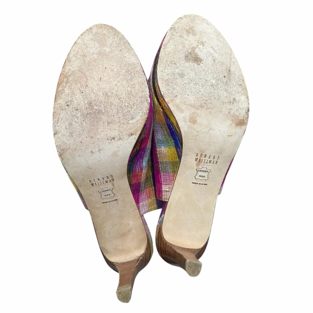 Stuart Weitzman Peep Toe Slingback Heels with Metallic Plaid Pattern - Image 5