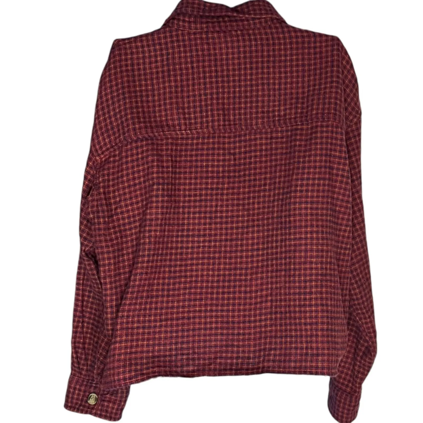 American Eagle‎ S Micro Plaid Pocket Front Button Up Maroon Cropped Flannel Fall - Image 4