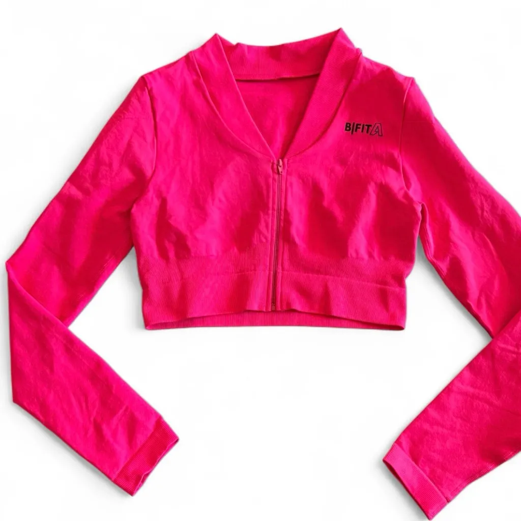 BiFita Hot Pink 2 Piece Cropped Jacket Bell Bottom Pants Workout Set Size undefined - Image 2