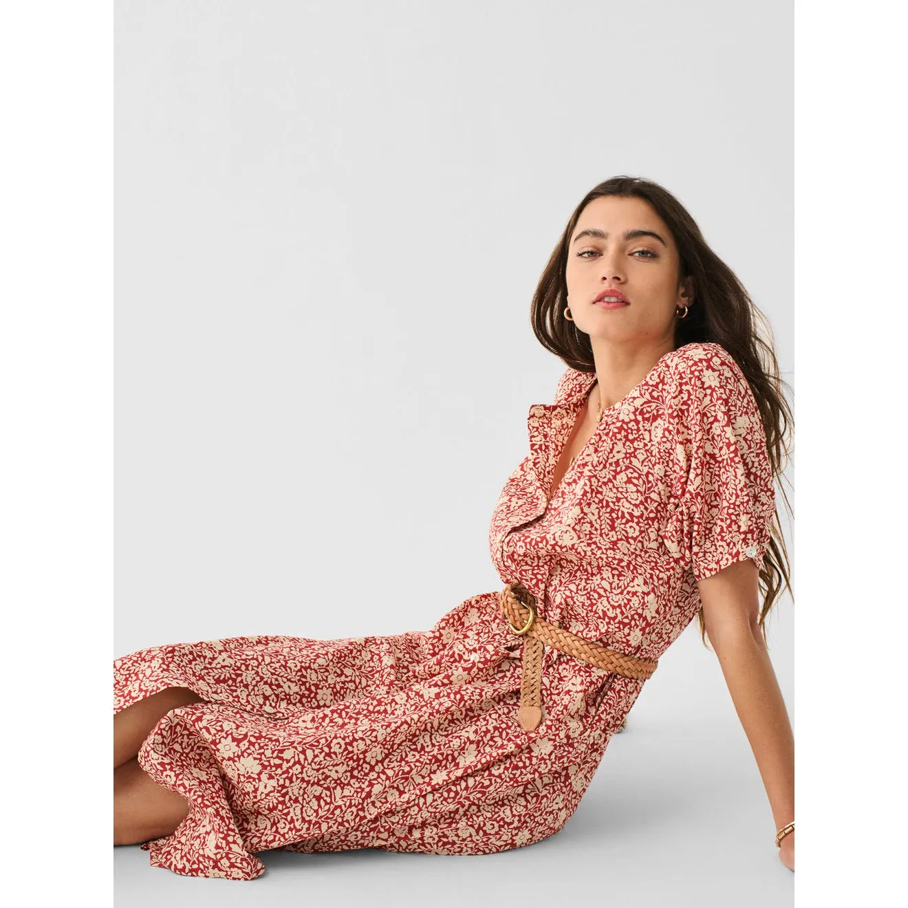 Faherty Carmel Midi Dress Size XS Spice Sunrise Floral Orange Shirtdress Boho - Image 3